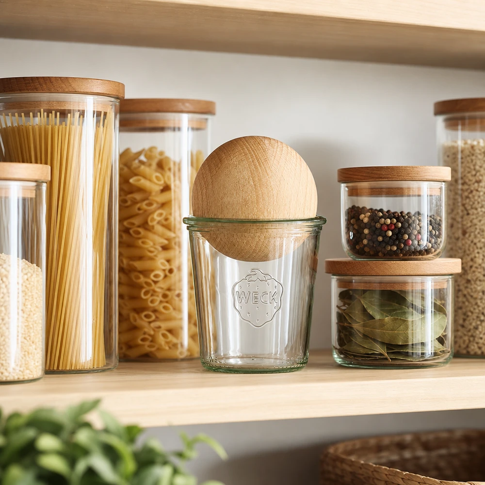 290ml bocal conique haut WECK RR80 avec boule en bois en hêtre WECK Bocal 290ml RR80 avec boule en bois de hêtre dans un garde-manger organisé entre les récipients à épices et à pâtes