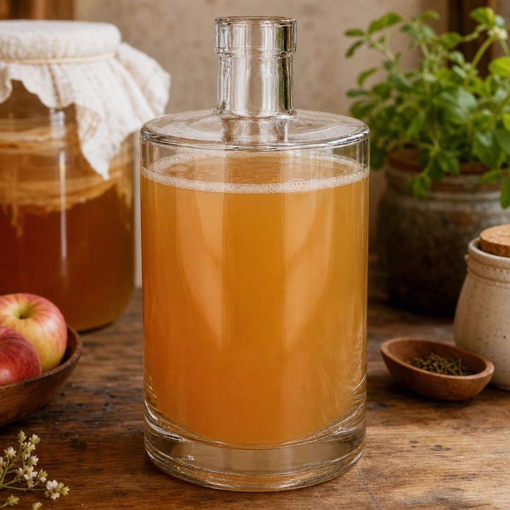Bouteille en verre 700 ml « Marie » sans bouchon UNiTWIST® 700ml Glasflasche Marie mit goldener Flüssigkeit befüllt in rustikaler Küche neben Äpfeln und Gewürzen dekoriert
