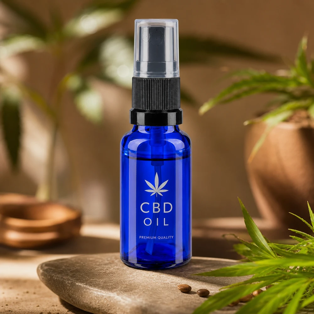Flacon en verre bleu de 20 ml avec atomiseur ultra-fin, adapté aux huiles essentielles et aux sérums