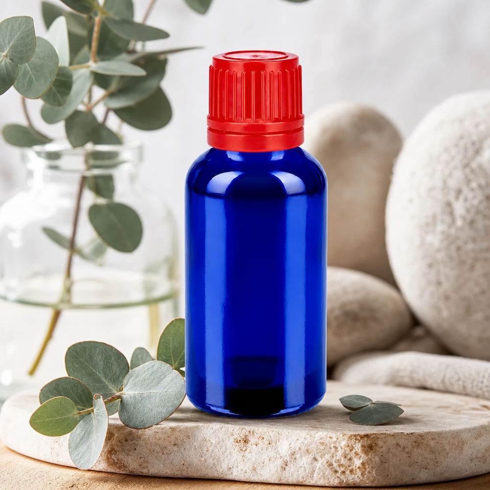 Flacon 30ml 11mm SV rouge OV BlueLine UT18/30 Flacon en verre bleu 30ml protégé de la lumière avec bouchon de sécurité pour les enfants pour une conservation en toute sécurité