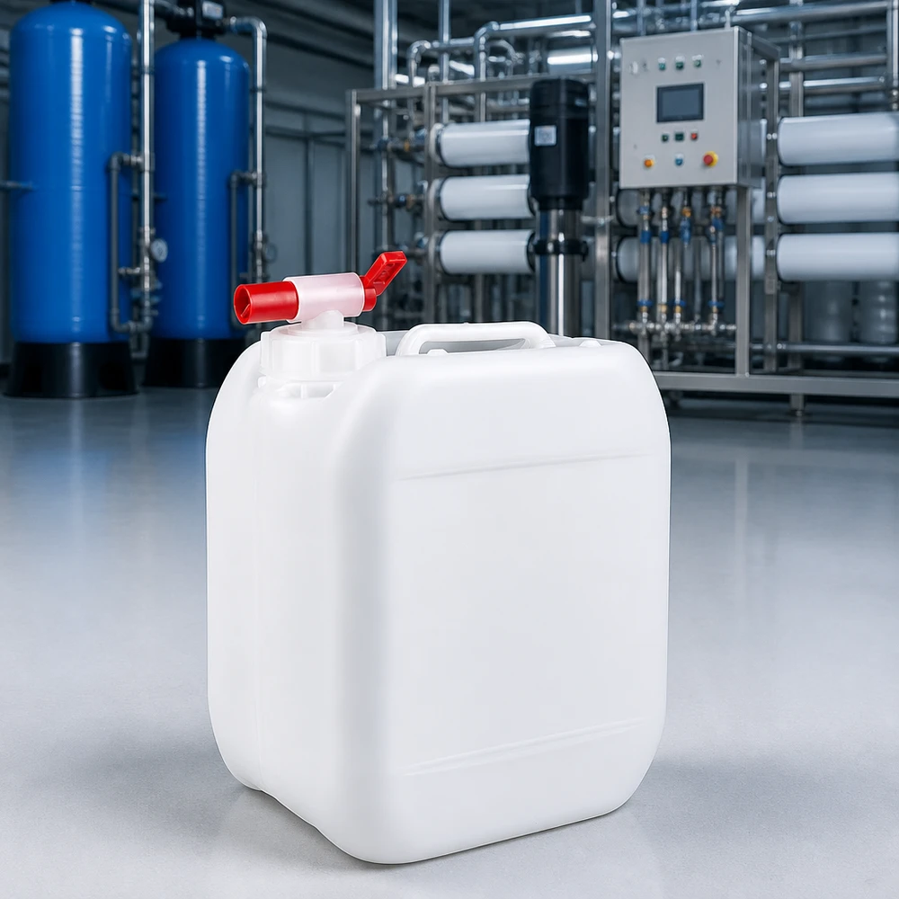 Bidon de 5 litres adapté au contact alimentaire, muni d'un robinet, destiné au stockage de produits chimiques dans un hangar industriel