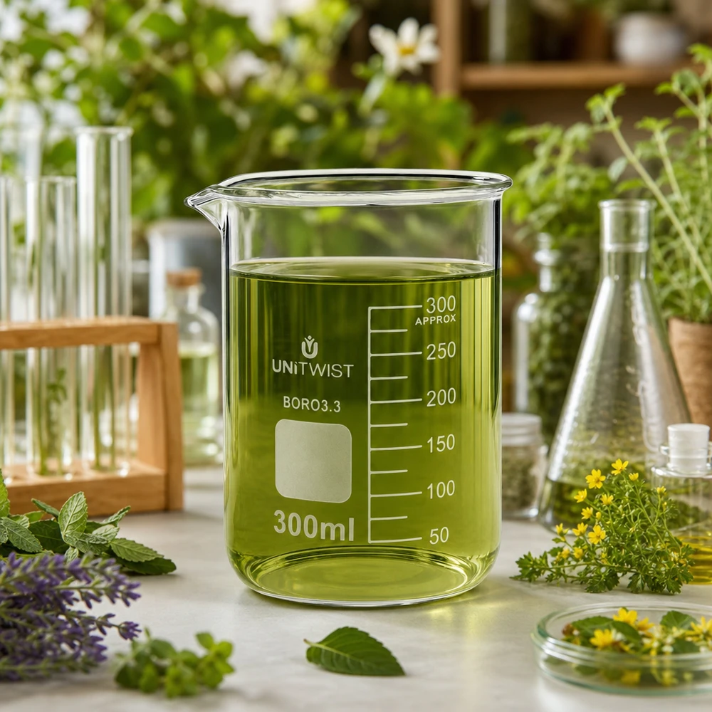 Bécher 300ml borosilicate, forme basse UNiTWIST Extrait végétal vert présenté dans un bocal en verre de 300 ml de forme basse, posé sur du marbre clair et orné d'une décoration à base d'herbes aromatiques