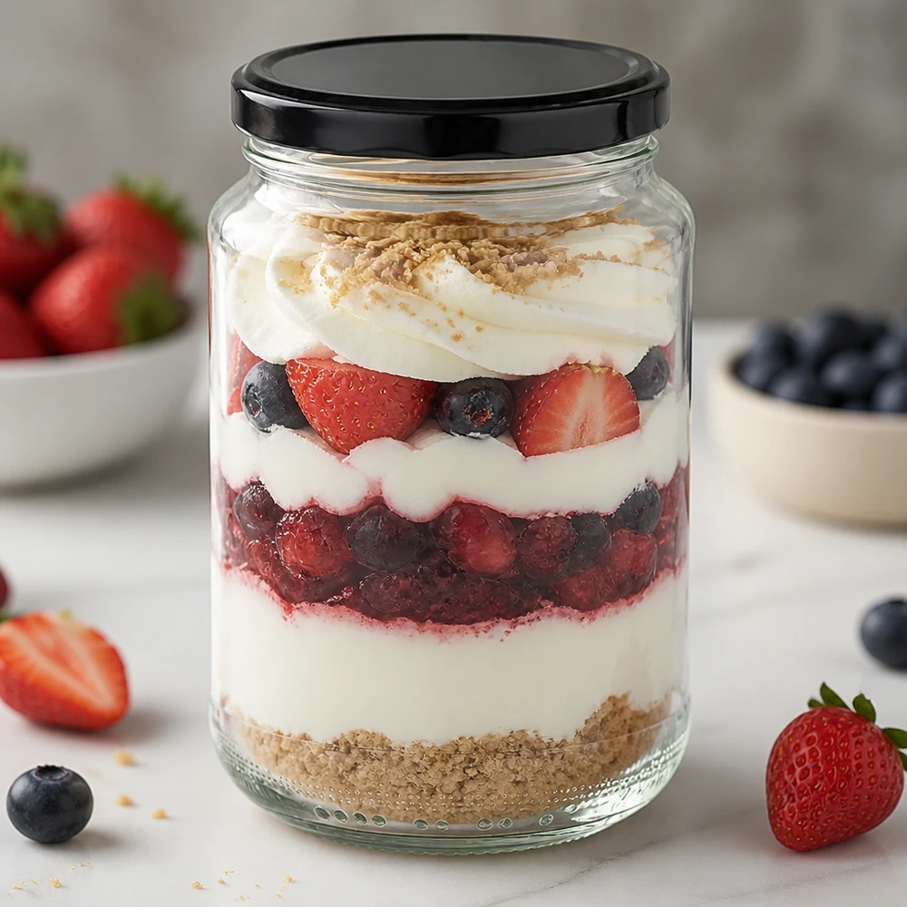 375ml verre rond avec couvercle noir comme verre à dessert pour trifle de baies montre une utilisation créative comme verre à portions