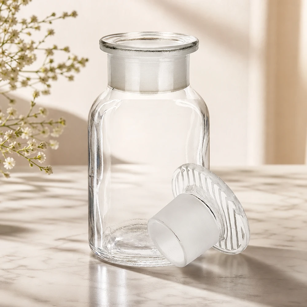 Flacon pharmaceutique 100 ml col large + bouchon verre clair Flacon de conservation hermétique de 100 ml, en verre, à col large et à épaulement arrondi, avec bouchon en verre transparent
