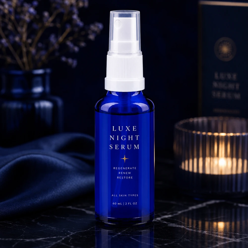 Flacon en verre bleu cobalt muni d'un vaporisateur pour sérum visage, dans une ambiance nocturne luxueuse