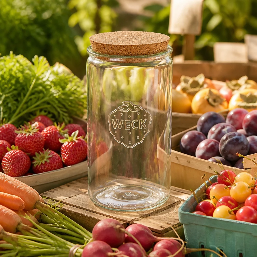 WECK Pot cylindrique 1590ml RR100 vide avec couvercle en liège entouré de fruits et légumes frais sur fond en bois