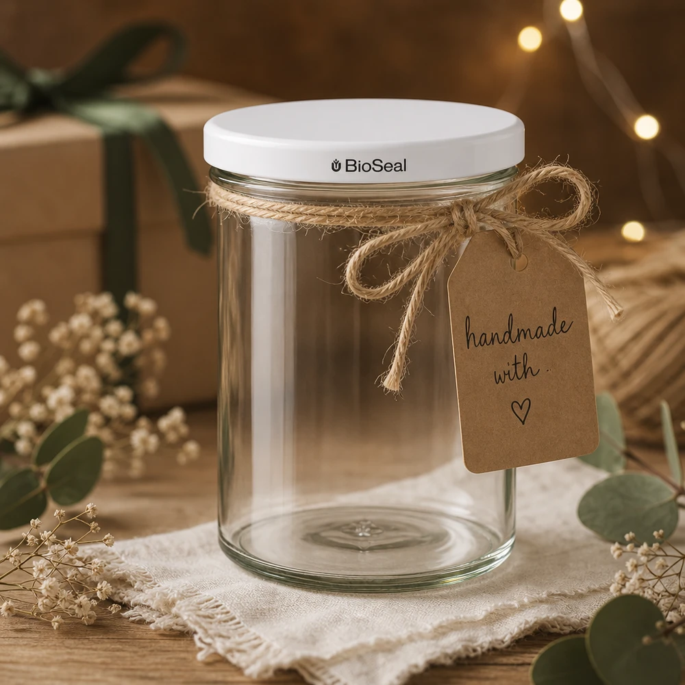 435ml Verre conique avec couvercle BioSeal blanc UNiTWIST Verre renversé UNiTWIST 435ml comme emballage cadeau avec cordon en raphia et pendentif handmade montre des idées de décoration DIY créatives