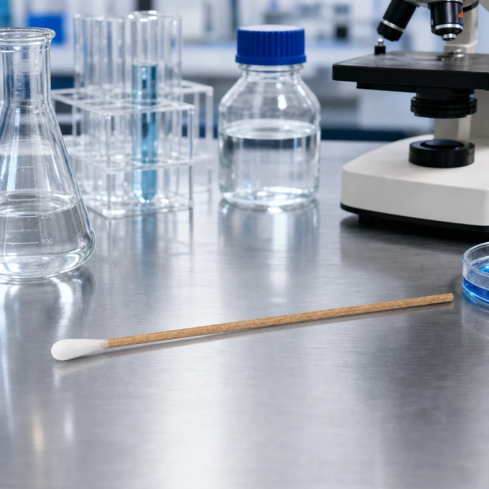 Coton-tige en bois non stérile, muni d'une tête en coton à une seule extrémité, destiné aux applications de laboratoire médical