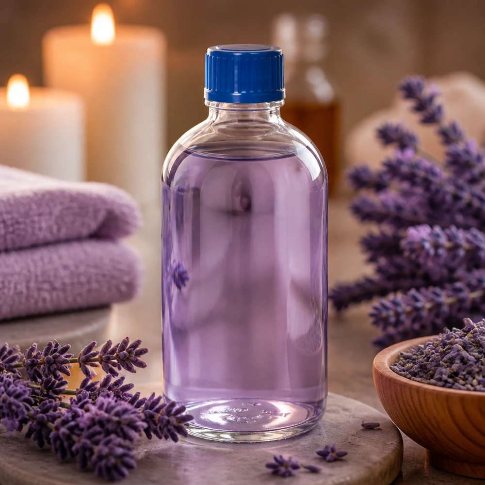 Flacon de conservation pour huile de lavande, 100 ml, verre transparent, bouchon bleu, ClearLine UT18, aromathérapie