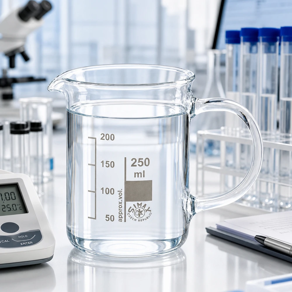 Bécher avec poignée 250ml en verre borosilicate résistant à la chaleur (forme normale) Bécher en verre résistant à la chaleur de 250 ml, muni d'une anse et d'un bec verseur, destiné à un environnement de laboratoire professionnel
