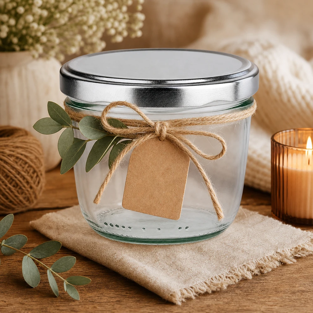230ml Verre conique avec couvercle BasicSeal argent UNiTWIST 230ml verre renversé argent BasicSeal couvercle décoratif avec boucle de jute étiquette en papier kraft idée cadeau rustique
