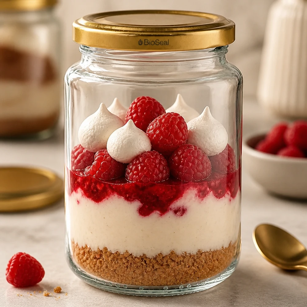 382ml Verre rond avec couvercle BioSeal or UNiTWIST UNiTWIST Runda382 comme verre à dessert avec framboises et meringue, couvercle TO66 BioSeal doré, dessert en couches dans un verre