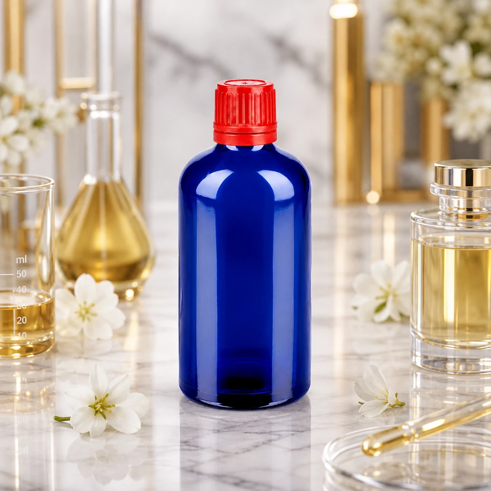 Flacon 100ml 11mm SV rouge OV BlueLine UT18/100 Bouteille en verre professionnelle BlueLine 100ml pour produits cosmétiques et de beauté avec bouchon rouge