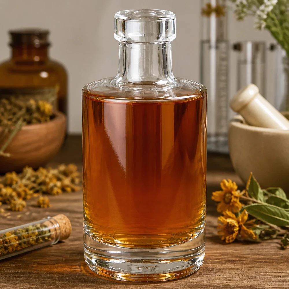 Bouteille en verre Marie de 200 ml remplie d'huile de couleur noire, style pharmacien, avec des herbes médicinales séchées et des arômes naturels.