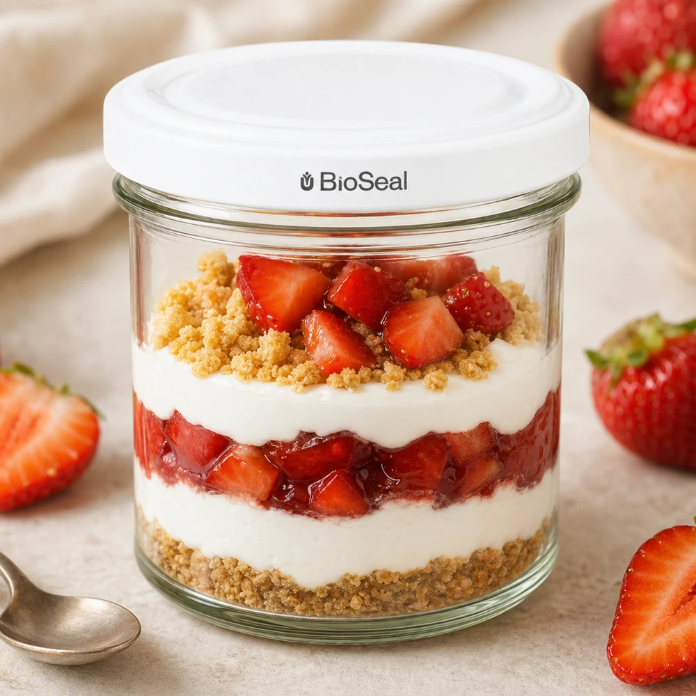 125ml Verre conique avec couvercle BioSeal blanc UNiTWIST UNiTWIST Verre renversé 125ml Dessert stratifié fraises yaourt fond biscuit TO66 BioSeal Couvercle Verre à dessert Parfait