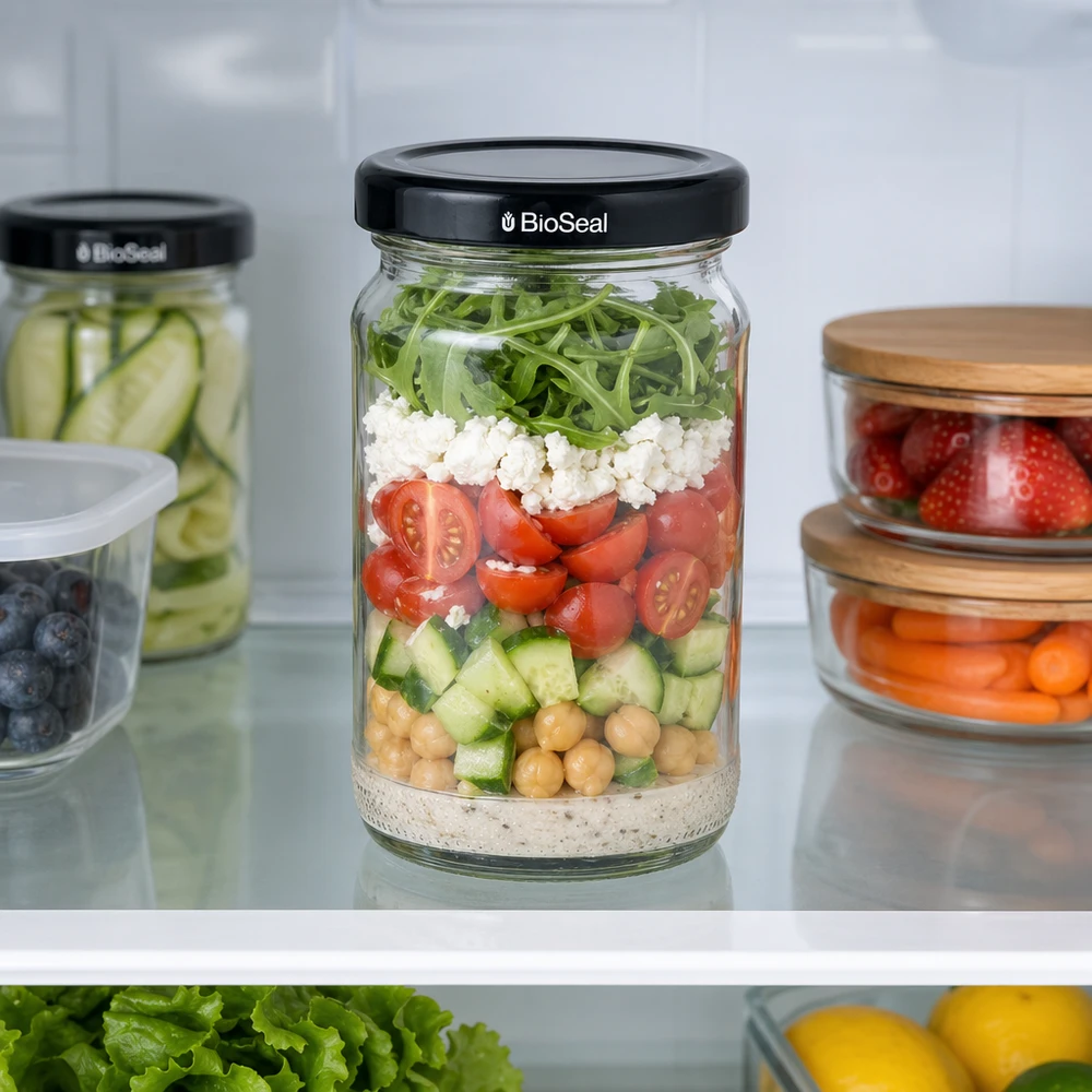 110ml Verre rond avec couvercle BioSeal noir UNiTWIST UNiTWIST Runda110 Salade à couches dans le réfrigérateur avec couvercle noir TO48 BioSeal - bocal Meal Prep pour ingrédients frais