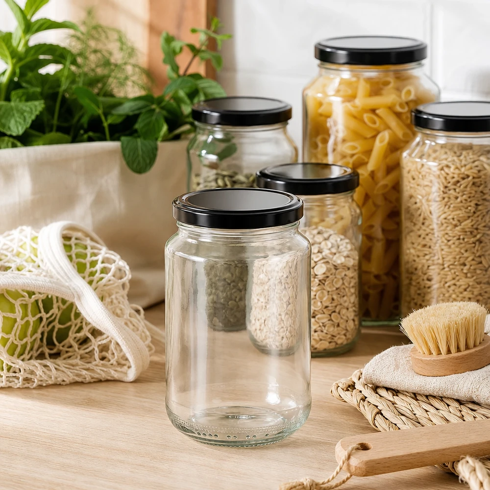 Bocal rond de 375 ml avec couvercle noir dans un environnement de cuisine durable entre des bocaux de stockage avec des pâtes et des céréales