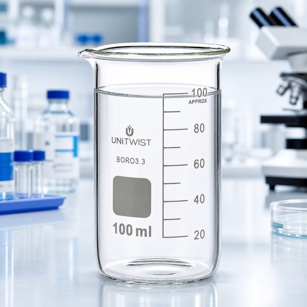 Bécher cylindrique haut de 100 ml, en borosilicate 3.3, UNITWIST, avec bec verseur, transparent