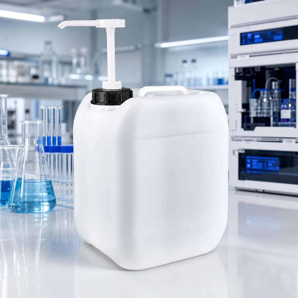 Bidon en plastique blanc de 5 litres muni d'une pompe de distribution et d'un bouchon à vis DIN noir, utilisé en laboratoire