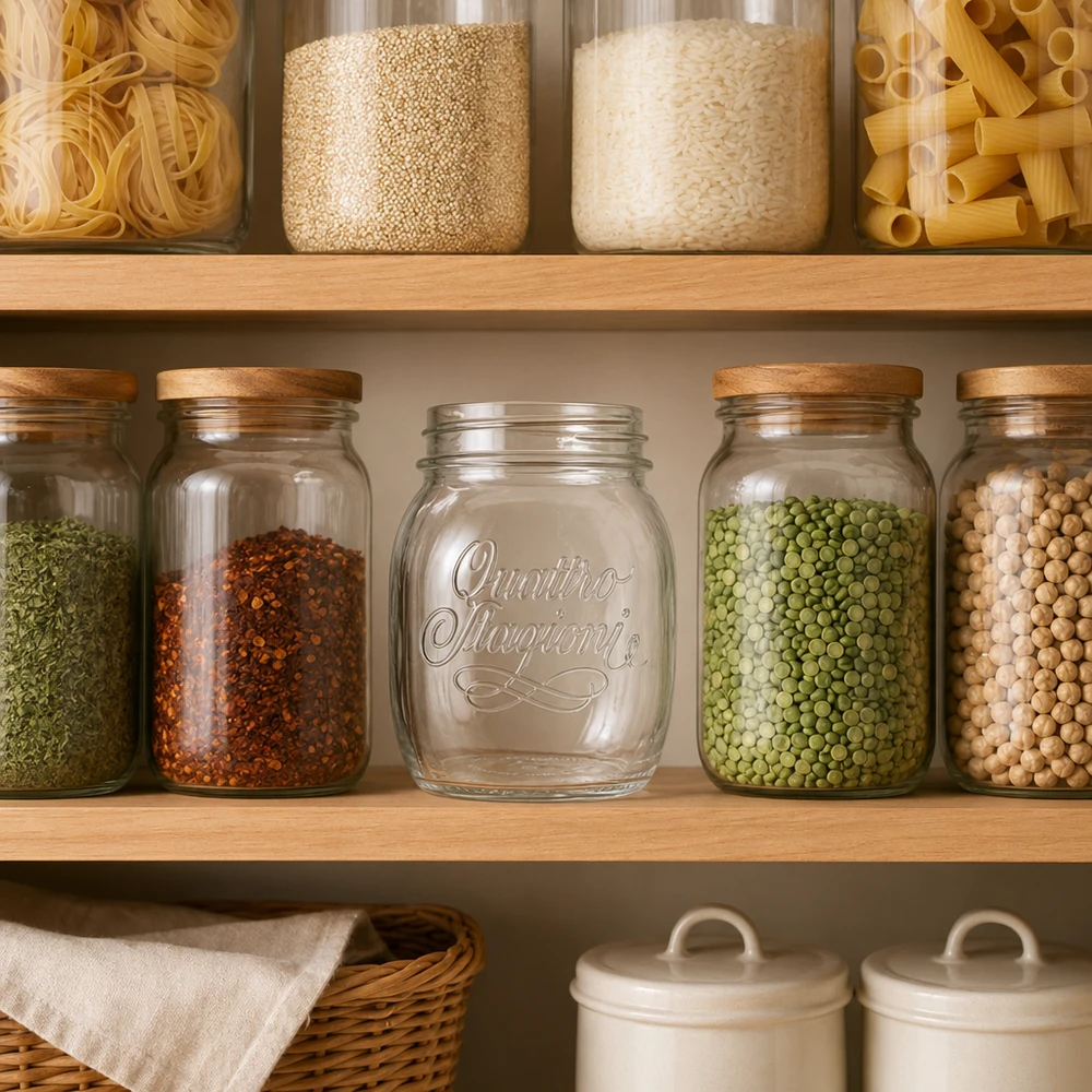 Bocal ménager Quattro Stagioni de 700 ml avec couvercle en bois pour la conservation des légumineuses et des épices dans la cuisine
