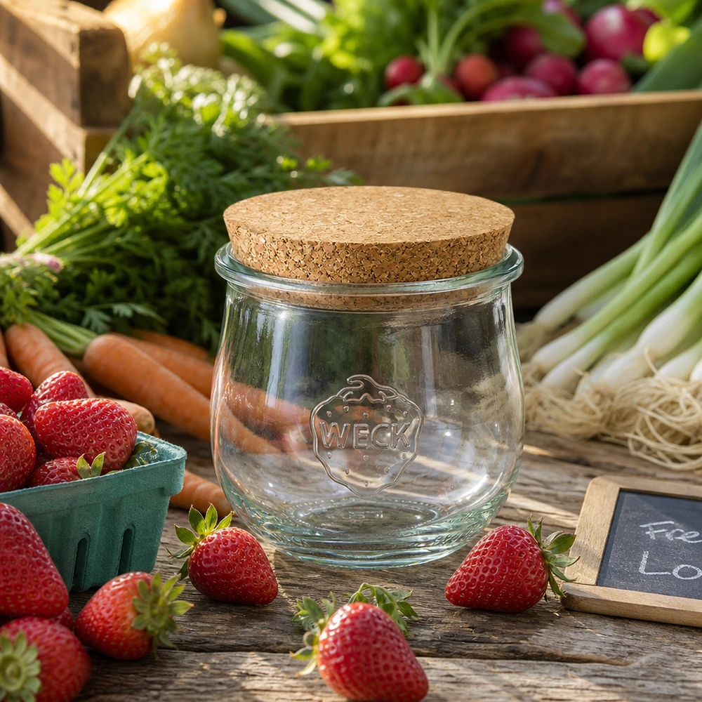 WECK Pot à provisions 370ml RR80 avec bouchon en liège entre des fraises fraîches et des légumes disposés sur une table en bois