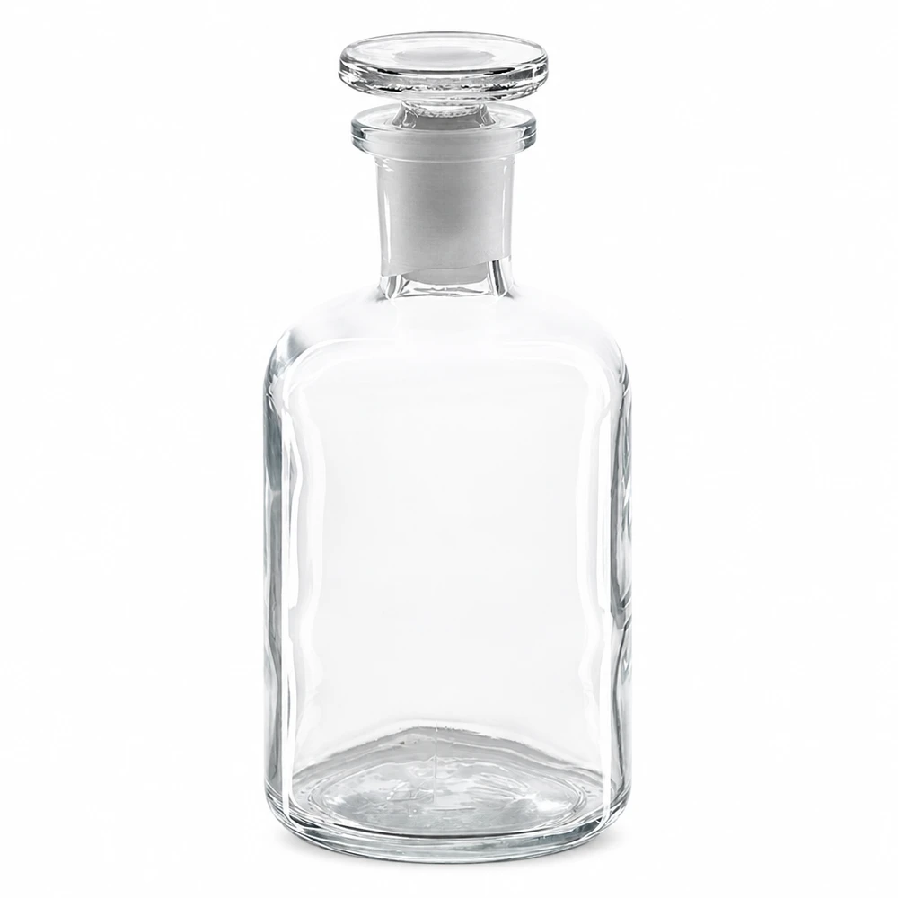 Flacon pharmaceutique 100 ml col étroit en verre clair + bouchon Flacon en verre transparent à épaulement arrondi, 100 ml, à col étroit, avec bouchon en verre blanc, pour laboratoire