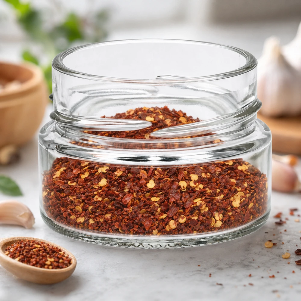 80ml Verre rond sans couvercle (TO58deep) UNiTWIST UNiTWIST Runda80 Verre rond 80ml TO58deep rempli de mélange d'épices au piment sur plan de travail de cuisine