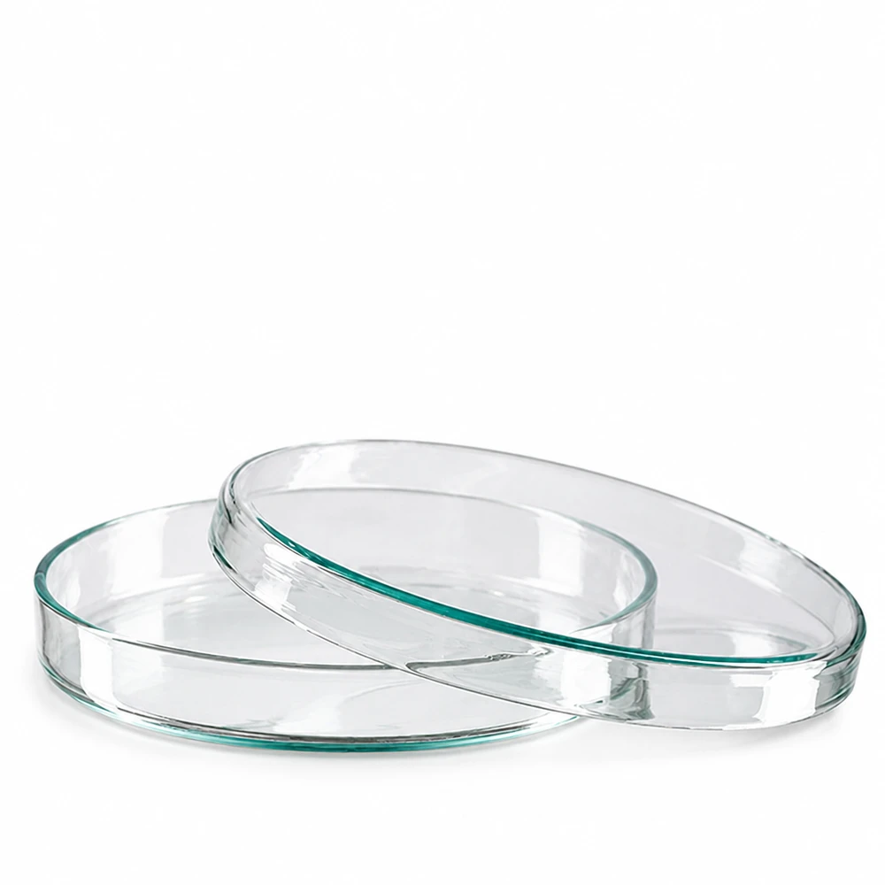 Deux boîtes de Pétri en verre empilées, de 100 mm de diamètre et 10 mm de hauteur, adaptées à une utilisation en laboratoire