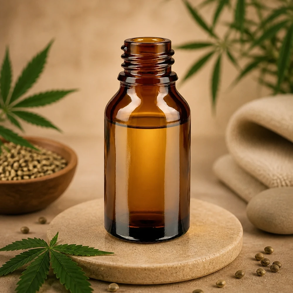 Flacon compte-gouttes pour pharmacie 30 ml DIN18 - verre brun Bouteille de pharmacie brune 30ml forme haute ApoGlas sur sous-verre en bois avec graines de cannabis huiles naturelles bien-être