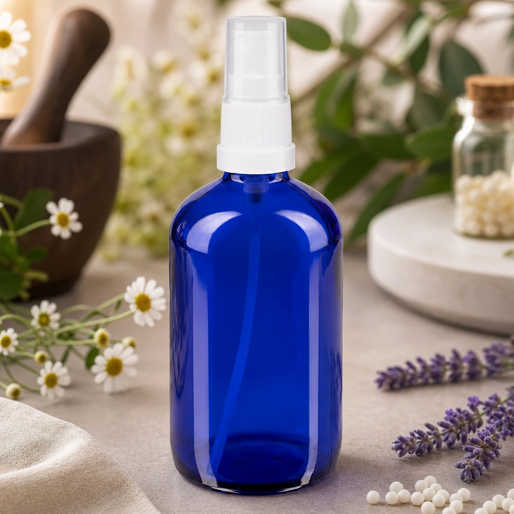 Flacon en verre d'apothicaire bleu cobalt de 100 ml avec atomiseur fin, pour les sprays d'ambiance et l'aromathérapie