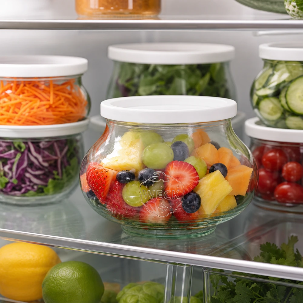 WECK Bocal à bijoux 560ml RR80 avec salade de fruits dans le réfrigérateur à côté d'autres bocaux à provisions avec légumes et salade