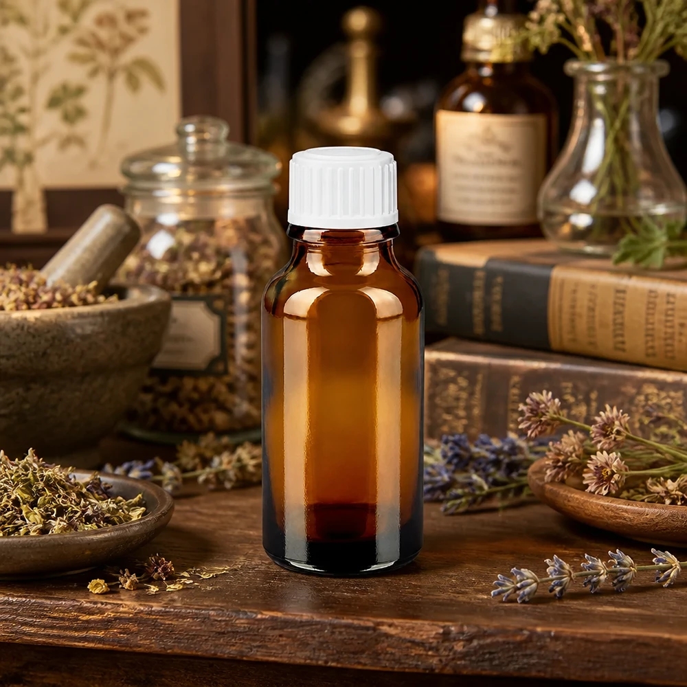 Flacon à pharmacie marron 20ml bouchon vissable blanc std Flacon en verre ambré de 20 ml avec protection UV et bouchon blanc de 11 mm, destiné à la médecine naturelle et aux extraits végétaux