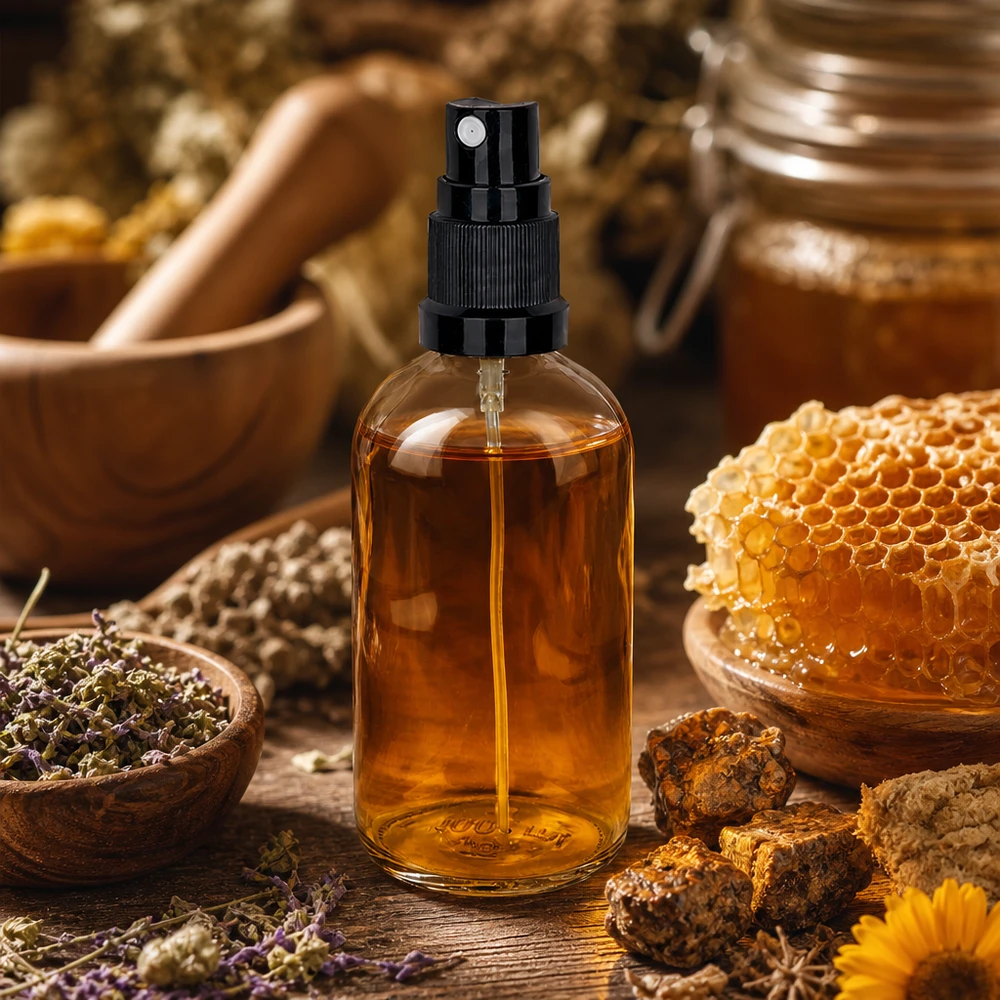 100ml vaporisateur noir/tr. STD ClearLine UT18/100 Spray à la propolis, flacon en verre transparent de 100 ml avec vaporisateur noir, présenté à côté de rayons de miel et de miel