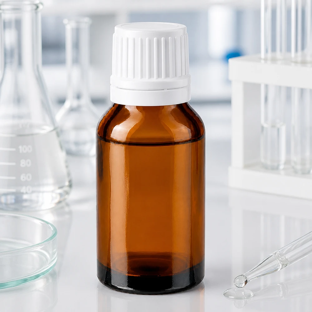 Petite bouteille en verre brun de 30 ml avec bouchon de sécurité blanc pour produits pharmaceutiques