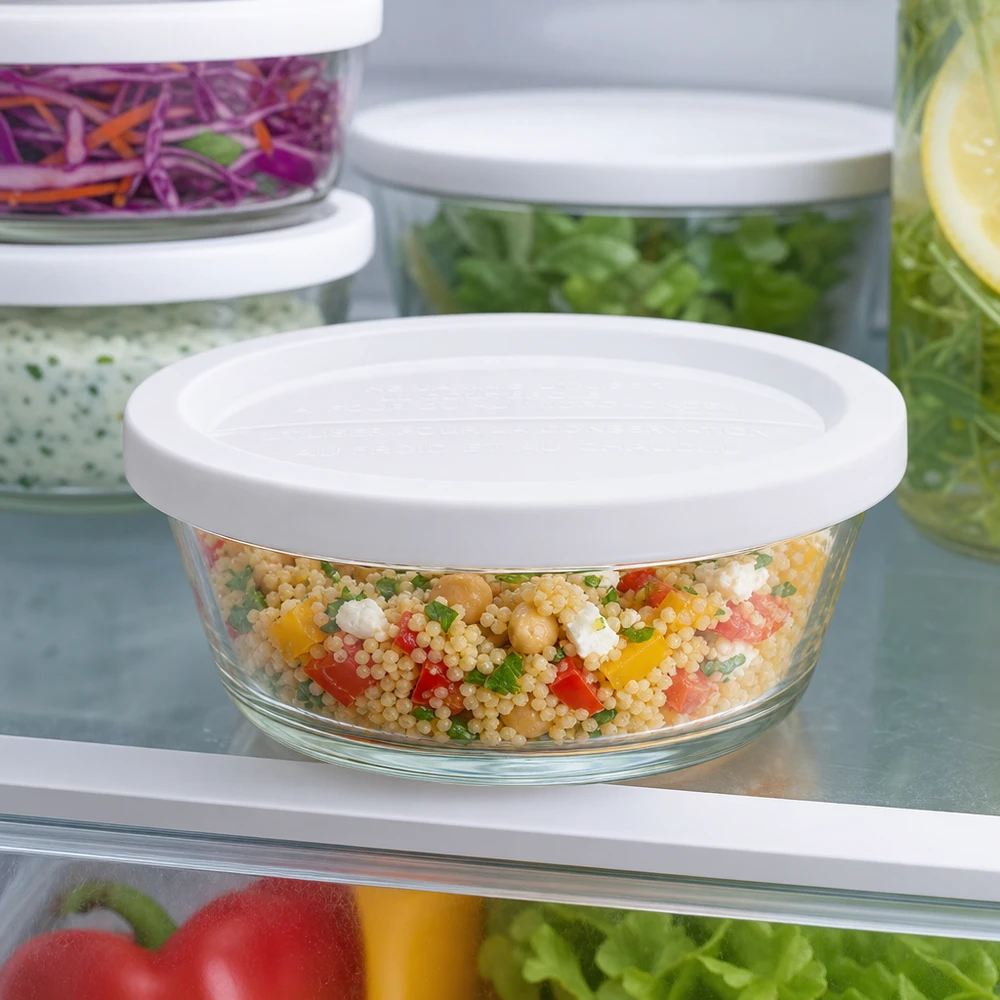 300ml bocal gourmet avec couvercle fraîcheur WECK RR120 WECK RR120 Pot gourmand 300ml dans le réfrigérateur rempli de salade de couscous colorée à côté d'autres récipients de stockage
