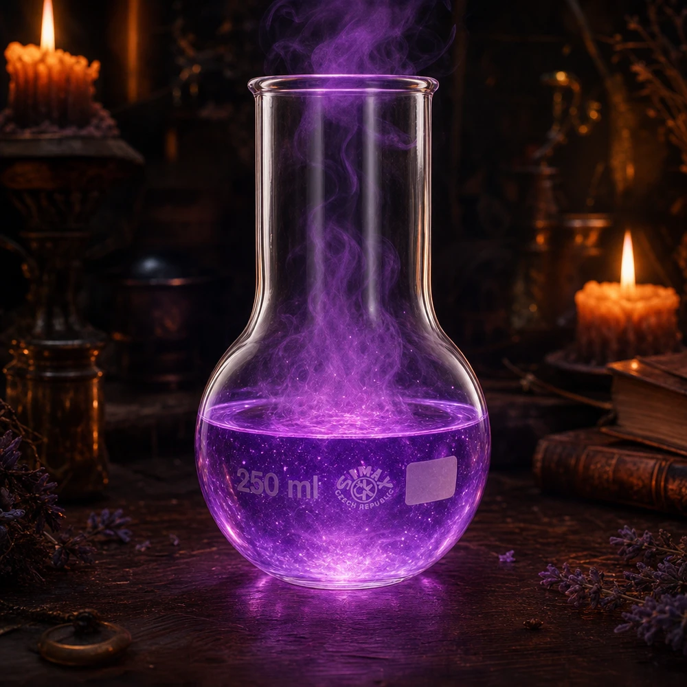 Ballon à fond plat 250 ml à col large, en verre borosilicate avec bord renforcé Flacon à pied de chimie 250ml col large avec solution pourpre entre livres anciens et bougies