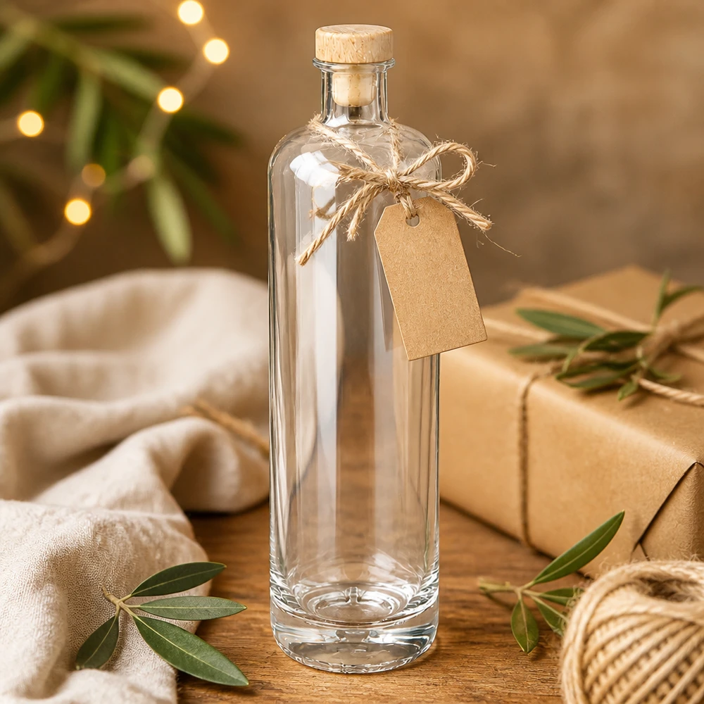 Bouteille en verre 700 ml « Ella » avec bouchon en bois UNiTWIST® Bouteille en verre Ella de 700 ml vide avec bouchon en bois et étiquette cadeau dans une décoration de Noël festive avec guirlande lumineuse