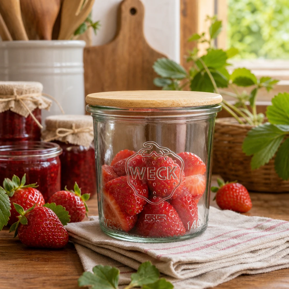 WECK Sturzglas 140ml mit Holzdeckel gefüllt mit frischen Erdbeeren in rustikaler Küche - perfekt für Marmelade und Aufbe