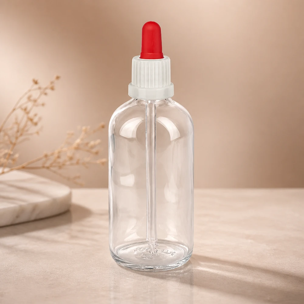 Flacon compte-gouttes ClearLine 100 ml en verre transparent avec bille en caoutchouc rouge et longue pipette en verre UT18