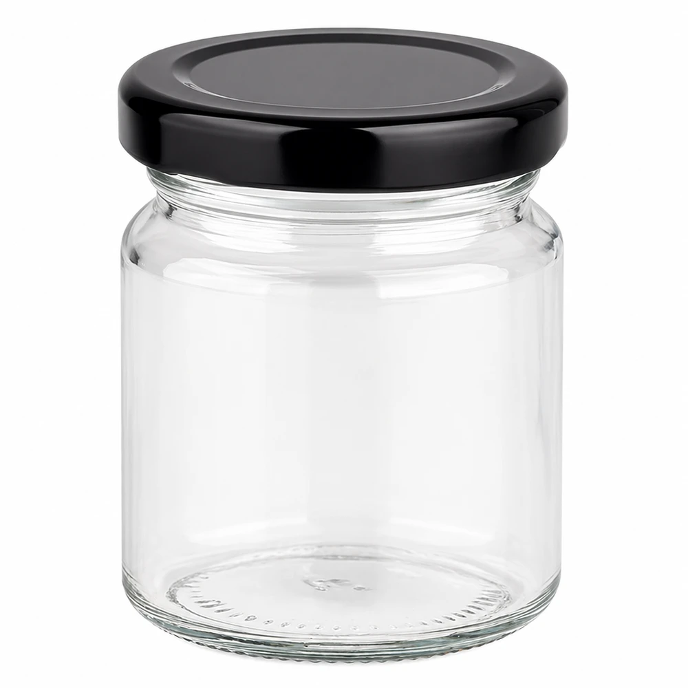 53ml pot rond avec couvercle BasicSeal noir vide sur fond blanc petit pot en verre pour la conservation