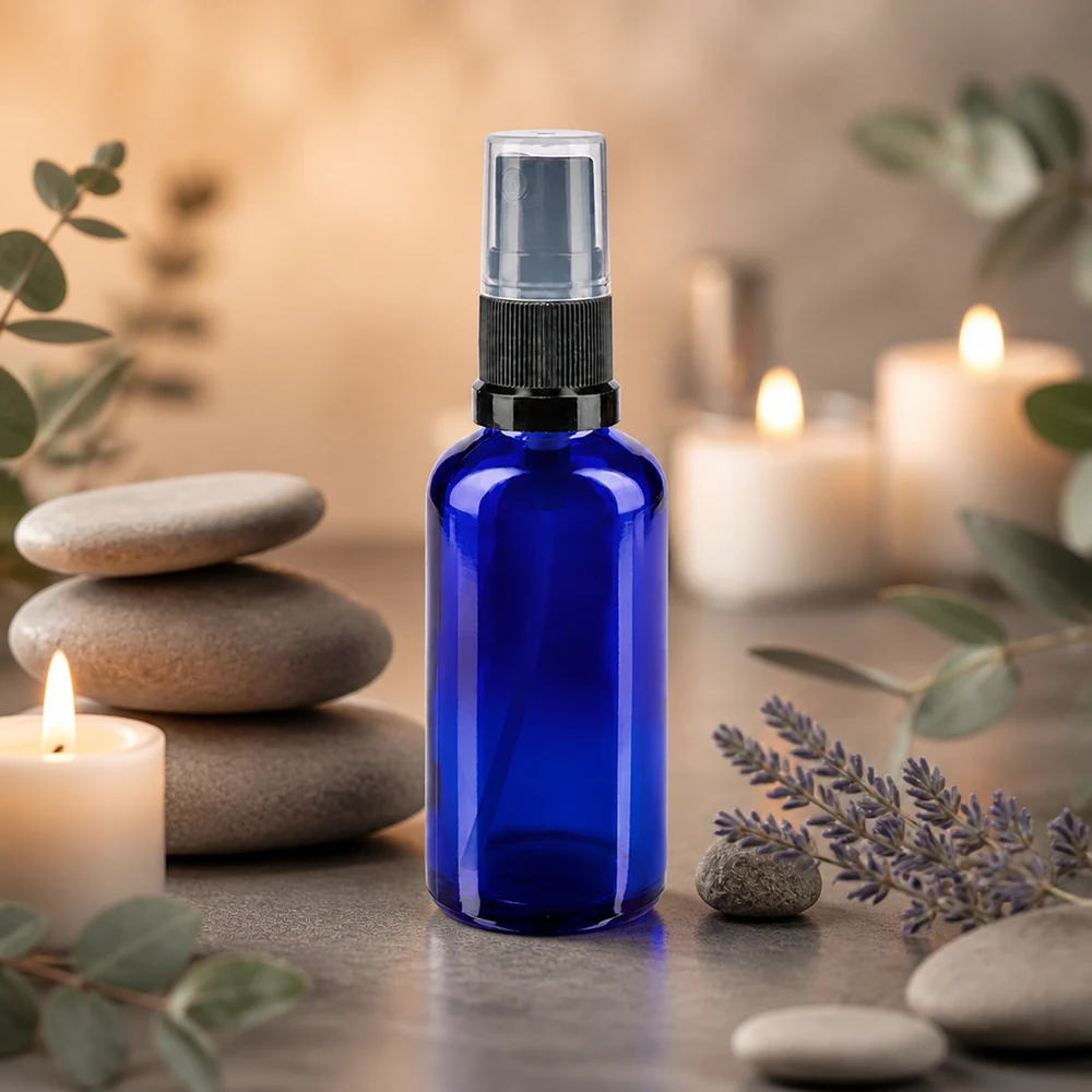 Flacon en verre bleu cobalt de 50 ml avec vaporisateur à pompe pour l'aromathérapie et les produits de bien-être