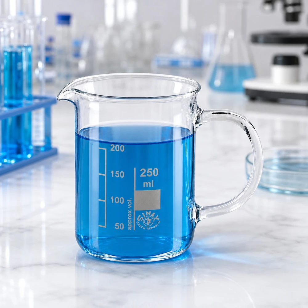 Bécher avec poignée 250ml en verre borosilicate résistant à la chaleur (forme normale) Bécher à anse de 250 ml en verre borosilicaté, à côté de tubes à essai et de fioles d'Erlenmeyer