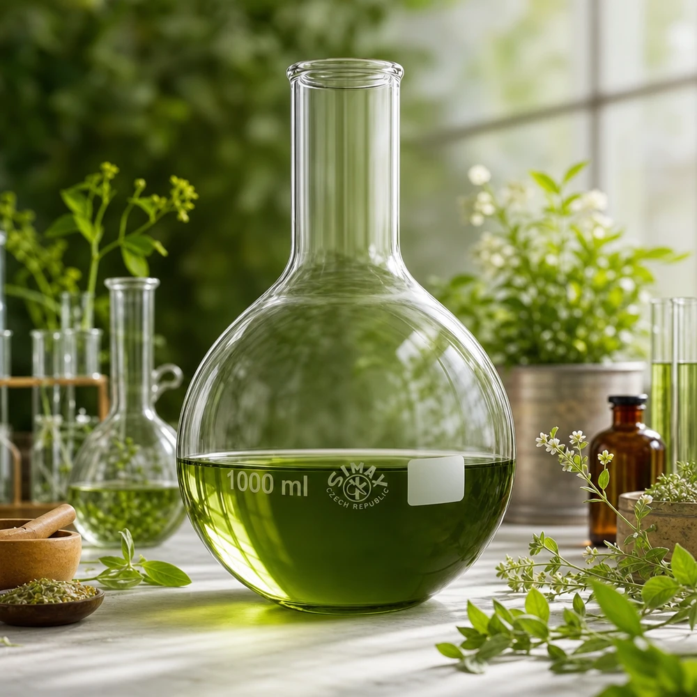 Ballon à fond plat 1000 ml à col étroit, en verre borosilicate avec bord renforcé Ballon à col étroit 1000ml dans un environnement de laboratoire durable avec des matériaux organiques