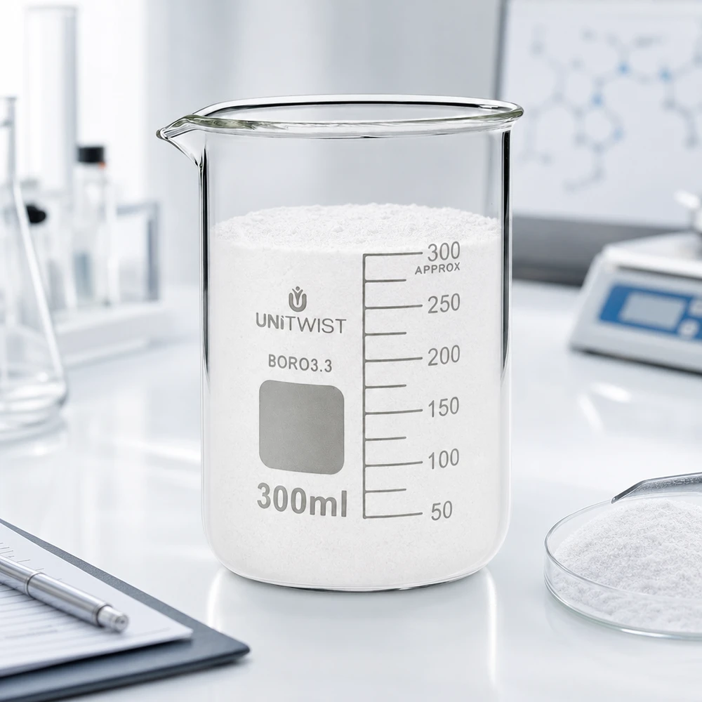Bécher 300ml borosilicate, forme basse UNiTWIST Verre doseur UNiTWIST de 300 ml, de forme basse, contenant de la poudre chimique dans un laboratoire professionnel