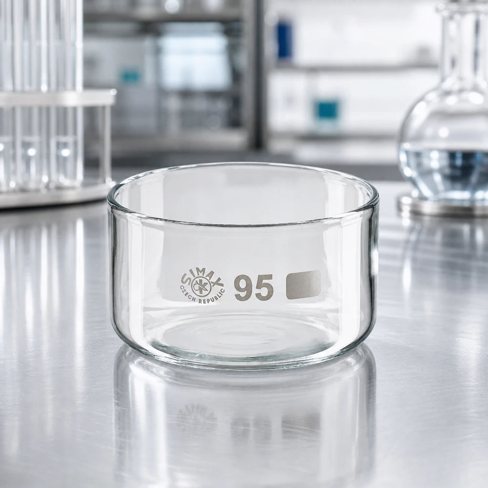 Coupelle de cristallisation 300 ml sans bec verseur Coupelle de cristallisation Simax, 95 mm de diamètre, en verre transparent, sur une paillasse de laboratoire, avec un flacon Erlenmeyer en arrière-plan