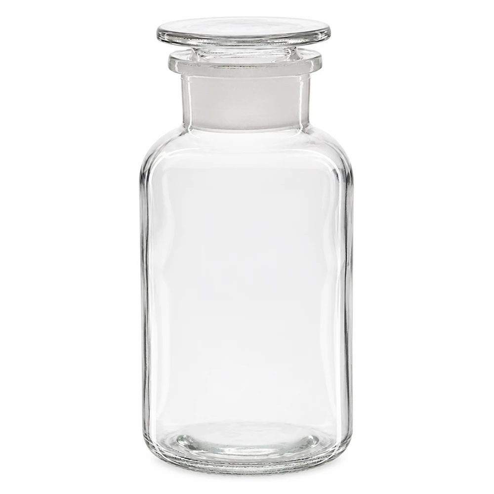 Flacon pharmaceutique 500 ml col large + bouchon verre clair Flacon de laboratoire vide de 500 ml en verre transparent, à col large et muni d'un bouchon en verre