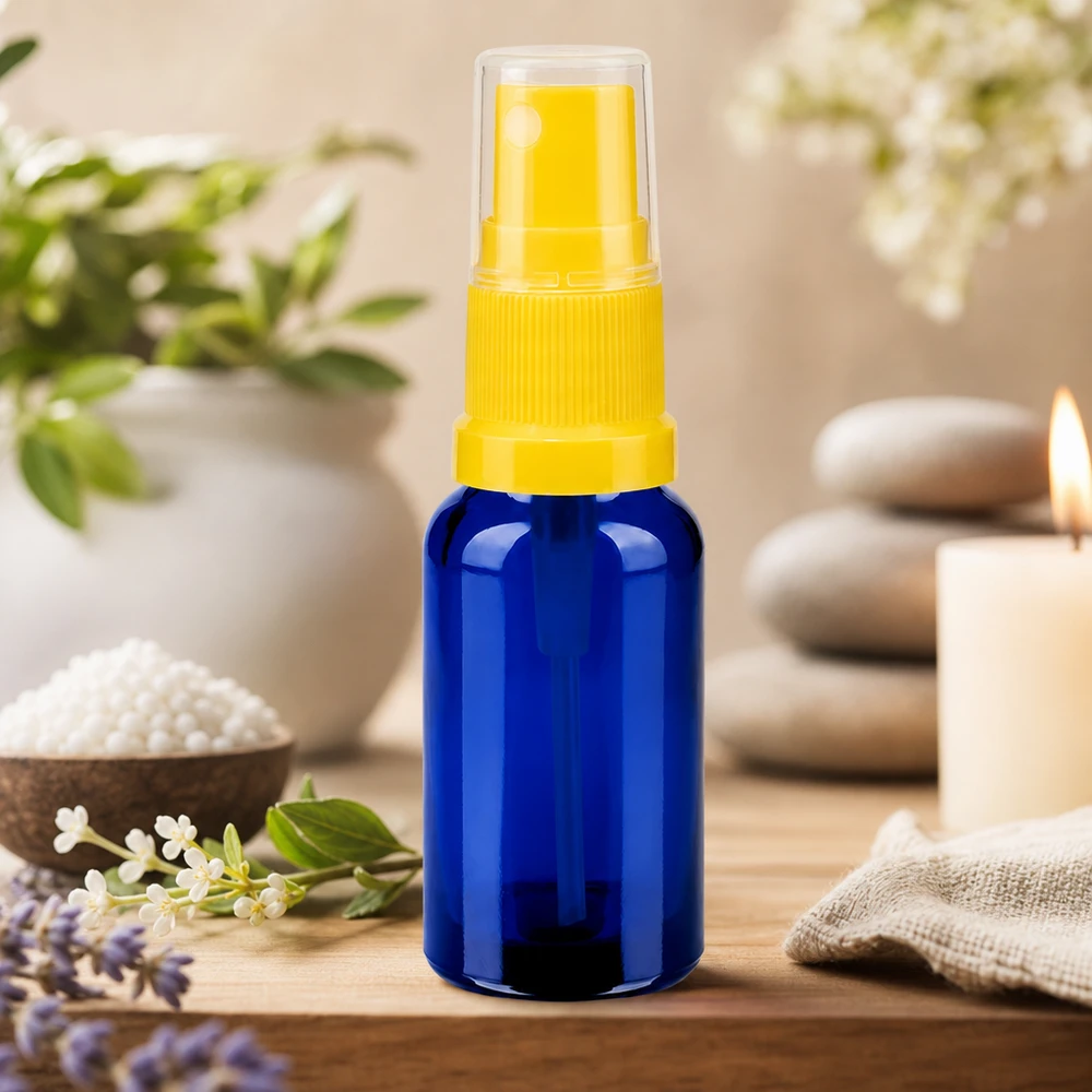 Vaporisateur 20ml jaune/tr. STD BlueLine UT18/20 Flacon en verre pratique de 20ml avec embout pulvérisateur BlueLine UT18/20 pour cosmétiques naturels