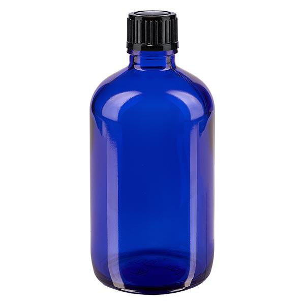 Flacon de pharmacie bleu 100ml bouchon vissable noir Std Flacon de pharmacie bleu 100ml bouchon vissable noir Std