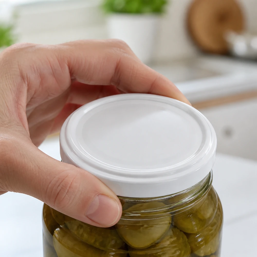 UNiTWIST TO58 : couvercle métallique blanc sans BPA sur un bocal à cornichons rempli – Exemple d'utilisation