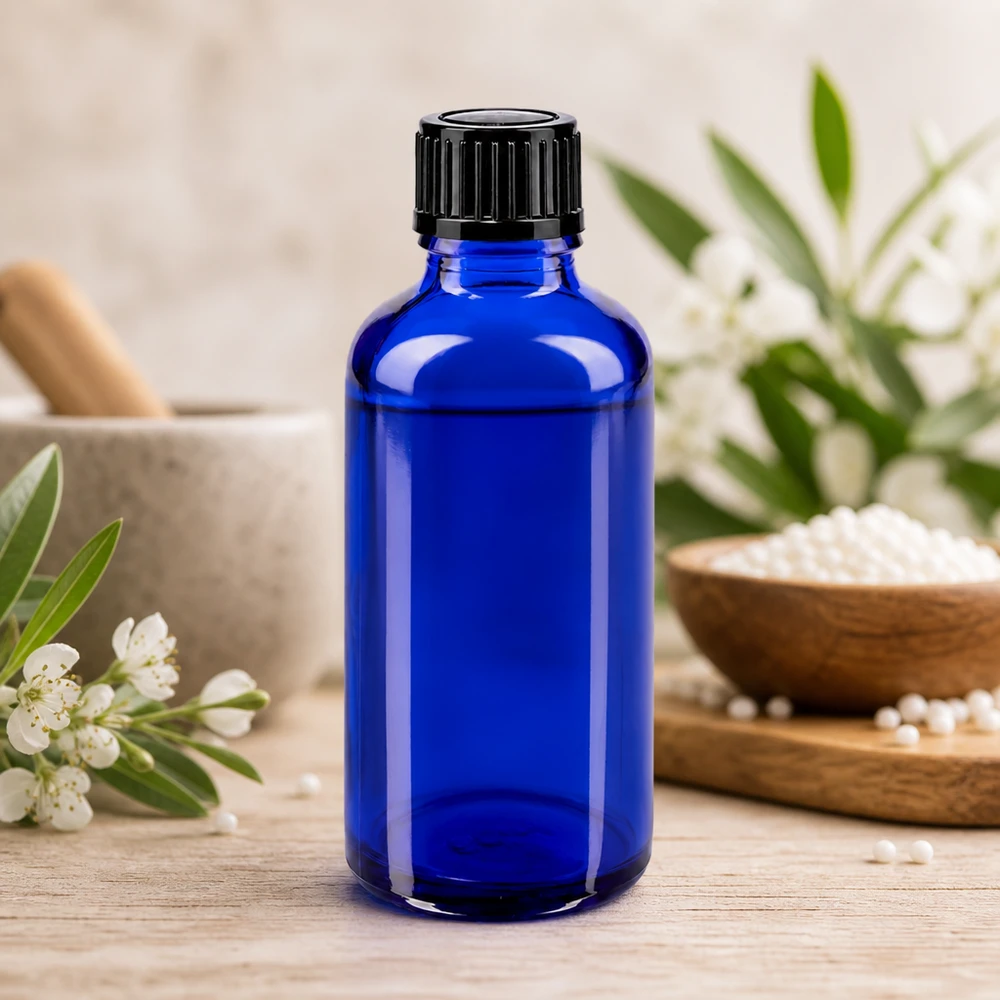 Flacon protecteur contre la lumière, bleu, 50 ml, avec compte-gouttes de précision de 1 mm, pour huiles essentielles et teintures